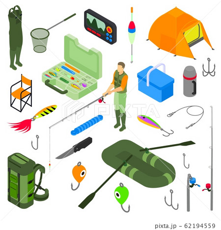 Fishing isometric activity set vector illustration. Fisherman in robber boots with fish rod isolated on white 62194559