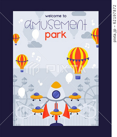Amusement park poster, vector illustration. Summer fairground carousels, hot air balloons. Funfair invitation template, advertisement campaign. Fairground ticket 62197872