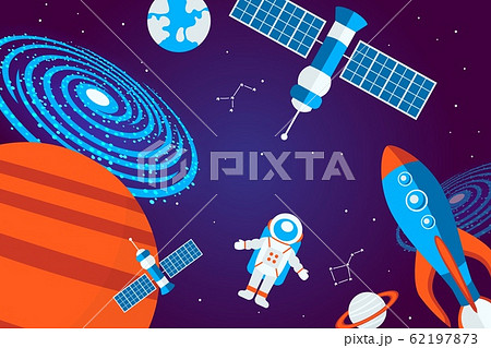 Outer space background, vector illustration. Astronomy poster for children, simple flat style symbols of space, galaxy, satellite, planet and cosmonaut in spacesuit Outer space background, vector illustration. Astronomy poster for children, simple flat style symbols of space, galaxy, satellite, planet and cosmonaut in spacesuit 62197873