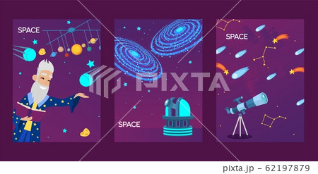 Astronomy banners, vector illustration. Space research station, observatory telescope. Old astronomer cartoon character, flat style icons of stars, satellite, comet and meteor Astronomy banners, vector illustration. Space research station, observatory telescope. Old astronomer cartoon character, flat style icons of stars, satellite, comet and meteor 62197879