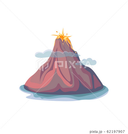 Cartoon hot volcano with magma and lava. Vulcano rock mountains icon isolated on white. Vector illustration 62197907