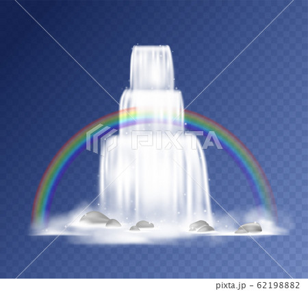 Waterfall. Realistic falling water with fog, splashes, mountain rocks and rainbow. Vector cascade waterfall isolated on transparent background Waterfall. Realistic falling water with fog, splashes, mountain rocks and rainbow. Vector cascade waterfall isolated on transparent background 62198882