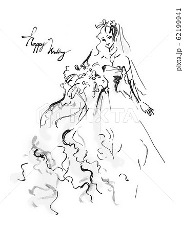 線画 単色 白黒 モノクロ ウエディングドレス ドレス ウエディング ロングドレス 花嫁 のイラスト素材
