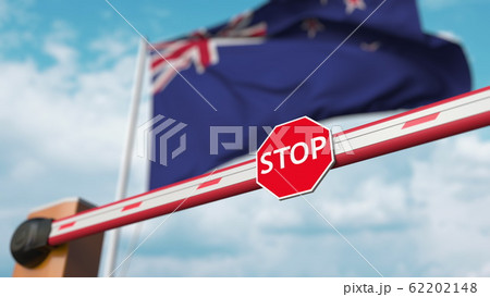 Closed boom barrier with stop sign against the flag. Restricted border crossing or certain ban in New Zealand. 3D rendering Closed boom barrier with stop sign against the flag. Restricted border crossing or certain ban in New Zealand. 3D rendering 62202148
