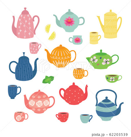 Hand drawn teapot and cup collection. Colorful tea cups, coffee cups and teapots isolated on white background. 62203539