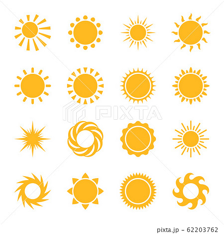 Cartoon sun. Yellow star pictogram suns icons, sunlight sunset or bright morning, summer symbols vector set 62203762