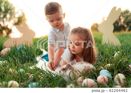 Little boy and girl play with the rabbit. happy little girl holding cute fluffy Bunny. Spring photo with beautiful young girl and boy with their Bunny Little boy and girl play with the rabbit. happy little girl holding cute fluffy Bunny. Spring photo with beautiful young girl and boy with their Bunny 62204462