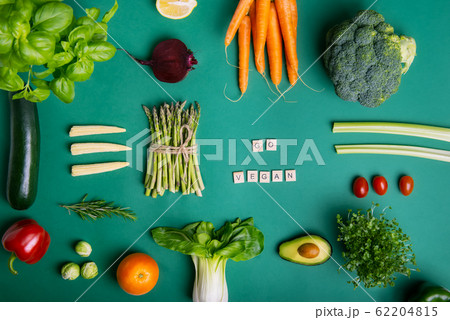Top view set of healthy raw vegetables and fruits 62204815