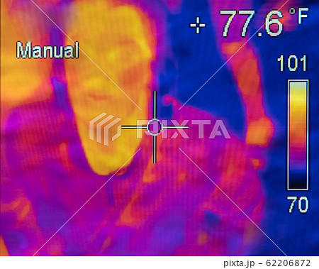 Men infrared photo shows temperature differences in various locations, research and science 62206872