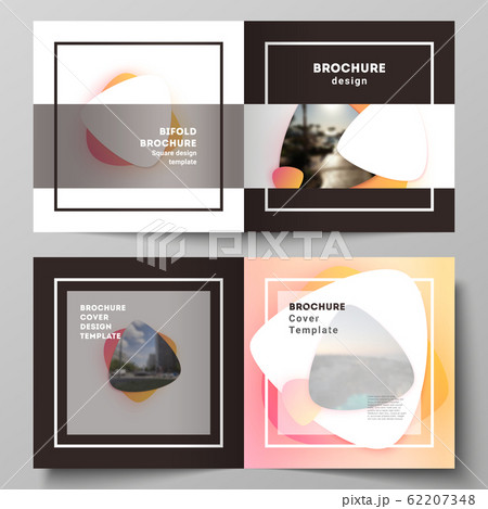 The vector illustration layout of two covers templates for square design bifold brochure, magazine, flyer, booklet. Yellow color gradient abstract dynamic shapes, colorful geometric template design. The vector illustration layout of two covers templates for square design bifold brochure, magazine, flyer, booklet. Yellow color gradient abstract dynamic shapes, colorful geometric template design. 62207348