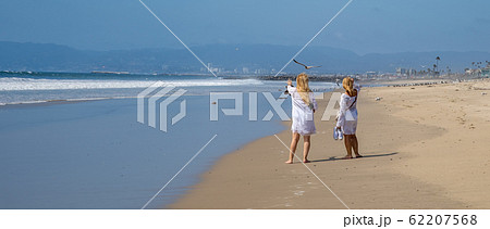 visitors to the beach observe the landscape and flying seagulls 62207568