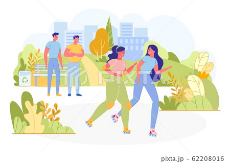 Two Woman Roller Skating in Park, Men Looking. Two Woman Roller Skating in Park, Men Looking. 62208016