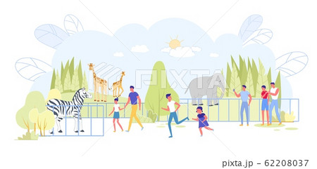 Cartoon People Coming to Zoo, Watching Animals. 62208037