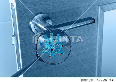 Virus cell on the door handle magnified image Virus cell on the door handle magnified image 62208143