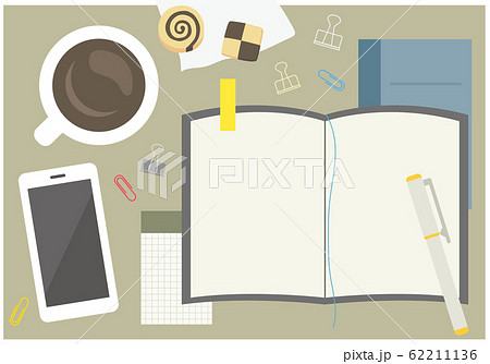 机の上のノートやコーヒーのイラストのイラスト素材 62211136 Pixta