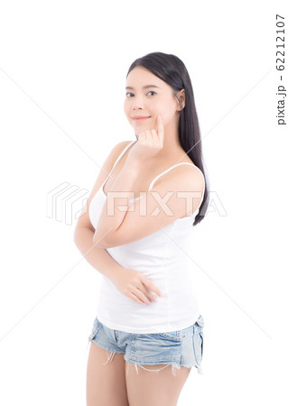 Portrait of beautiful woman asian makeup of cosmetic, girl hand touch lips and mouth and smile Portrait of beautiful woman asian makeup of cosmetic, girl hand touch lips and mouth and smile 62212107