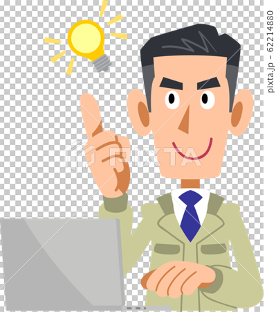 A man in a construction shop and a laptop with an idea 62214880