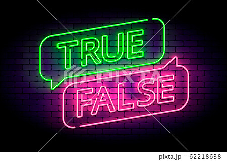 True and false neon sign with speech bubbles on a brick wall. 62218638