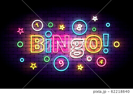 Bingo neon sign with lottery balls and stars. 62218640