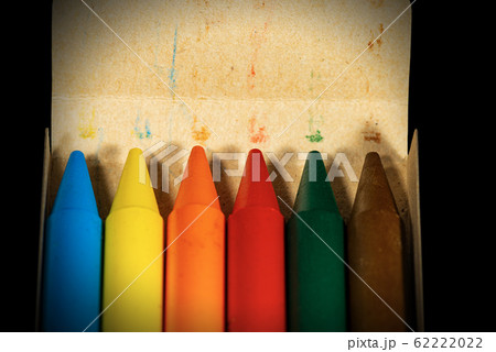 Close-up of an old box with six crayons Close-up of an old box with six crayons 62222022