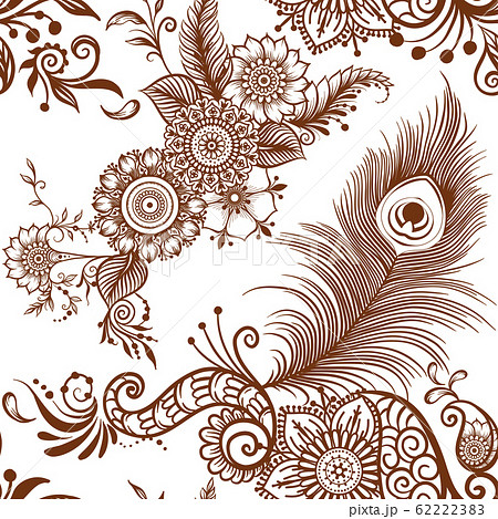 Peacock feathers mehendi, traditional indian henna floral ornament. Peacock feathers mehendi, traditional indian henna floral ornament. 62222383