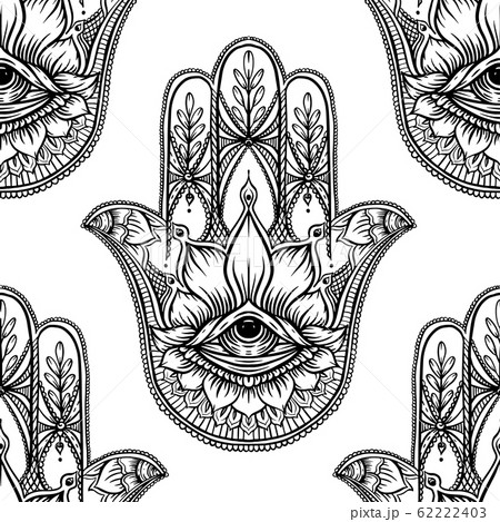 Seamless pattern with ornate hand drawn hamsa. 62222403