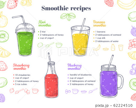 Smoothie recipes. Green healthy shakes, detox food. Fruit vegan drinks, fresh menu and raw ingredients. Cocktail menu vector illustration Smoothie recipes. Green healthy shakes, detox food. Fruit vegan drinks, fresh menu and raw ingredients. Cocktail menu vector illustration 62224510