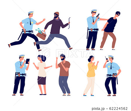 Police officers at work. Cop patrol catching up thief, policeman arrest criminal character, law job, help to victim vector set Police officers at work. Cop patrol catching up thief, policeman arrest criminal character, law job, help to victim vector set 62224562