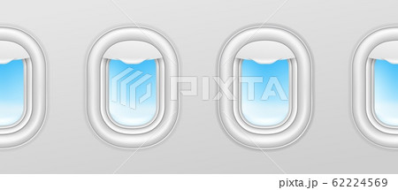 Aircraft windows. Airplane illuminators, plane portholes seamless vector exterior with blue sky outside 62224569
