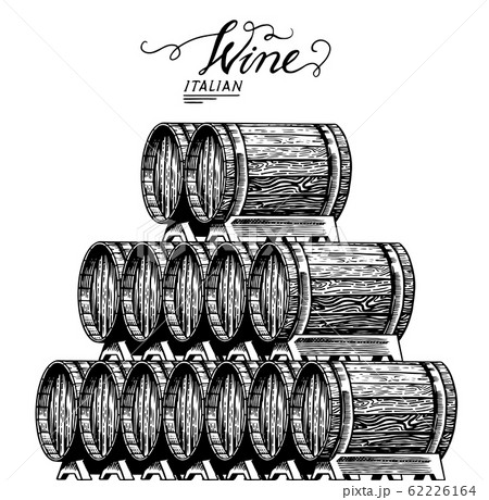 Wooden oak barrels of aged wine. Pyramidal pile of Vessels and kegs with French alcohol brandy or Wooden oak barrels of aged wine. Pyramidal pile of Vessels and kegs with French alcohol brandy or 62226164
