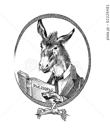 Donkey philosopher character or goat thinker. Hand drawn Animal person portrait. Engraved monochrome Donkey philosopher character or goat thinker. Hand drawn Animal person portrait. Engraved monochrome 62226481