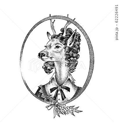 Animal character. Deer lady or doe with flowers. Hand drawn portrait. Engraved old monochrome sketch Animal character. Deer lady or doe with flowers. Hand drawn portrait. Engraved old monochrome sketch 62226491