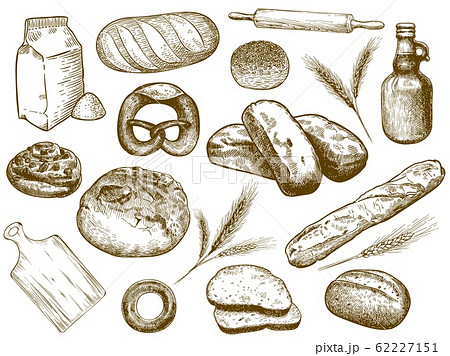 Hand drawn bakery. Freshly baked bread, wheat ears and baking flour. Sketch bakery ingredients vector illustration set 62227151