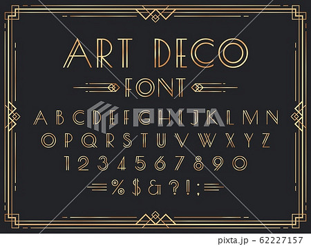 Golden art deco font. Luxury decorative 1920s geometric letters, ornamental gold numbers and retro frame vector set 62227157
