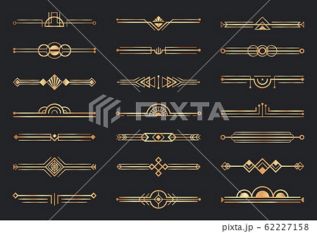 Golden art deco dividers. Decorative geometric border, retro gold dividers and luxury 1920s decoration elements vector set 62227158