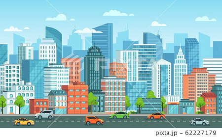 Cityscape with cars. City street with road, town buildings and urban car cartoon vector illustration Cityscape with cars. City street with road, town buildings and urban car cartoon vector illustration 62227179