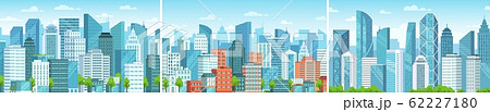 Modern cityscape. Business district skyscrapers, abstract urban panorama and city buildings vector set 62227180