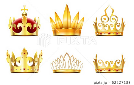 Realistic crown and tiara. Golden royal crowns, queens gold diadem and monarchs crown vector set 62227183