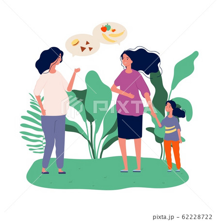 Pregnant women. Girls talk about healthy and unhealthy food. Green diet, fresh fruits and vegetables. Motherhood, expectation of birth and care health vector illustration 62228722