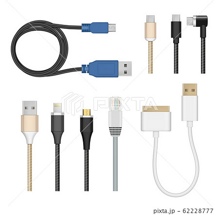 Connection cables. Computer and mobile devices charging cord electric cable plugs usb pc vector realistic collection 62228777