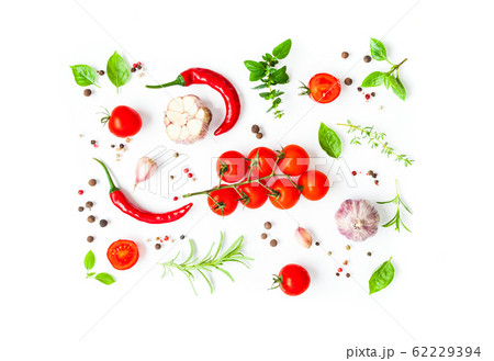 Top view of cherry tomatoes and green herbs Top view of cherry tomatoes and green herbs 62229394