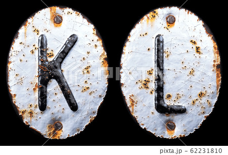 3D render set of capital letters K, L made of forged metal on the background fragment of a metal surface with cracked rust. 62231810