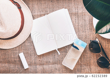 Travel accessories set flat lay.  62232389
