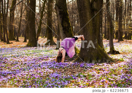 Woman in purple skirt standing upside down outdoors 62236675