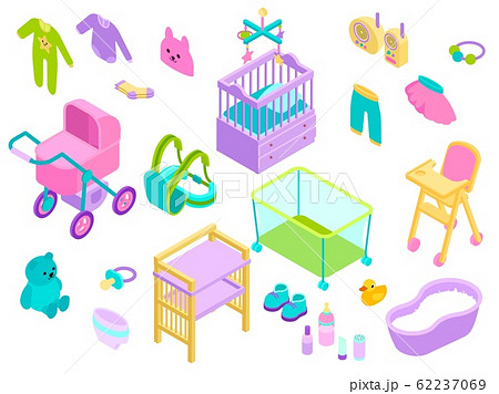 Baby girl kid accessories vector isometric illustration. Babies toys, clothes and bath newborn care collection style isolated on white Baby girl kid accessories vector isometric illustration. Babies toys, clothes and bath newborn care collection style isolated on white 62237069