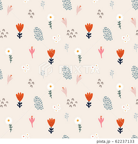 Abstract floral seamless pattern. Hand drawn daisy, crocus and tulip flowers, brush strokes. Flat modern minimalist design for textile, fabric, wrapping paper. Meadow vector illustration background. 62237133