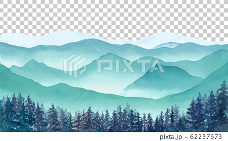 霧の山々と針葉樹林の風景 水彩イラストのトレースベクター レオアウト変更不可のイラスト素材