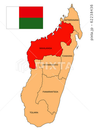 Map of the island of Madagascar. The Province Of Mahajanga. Flag of the Republic of Madagascar. Island state. Fianarantsoa. Antananarivo. Toamasina. Toliara. Antsiranana. Vector graphics. Map of the island of Madagascar. The Province Of Mahajanga. Flag of the Republic of Madagascar. Island state. Fianarantsoa. Antananarivo. Toamasina. Toliara. Antsiranana. Vector graphics. 62238436