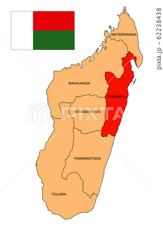 Map of the island of Madagascar. The Province Of Toamasina. Flag of the Republic of Madagascar. Island state. Fianarantsoa. Antananarivo. Mahajanga. Toliara. Antsiranana. Vector graphics. 62238438