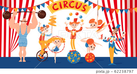 Great circus vector poster with cartoon cute characters 62238797